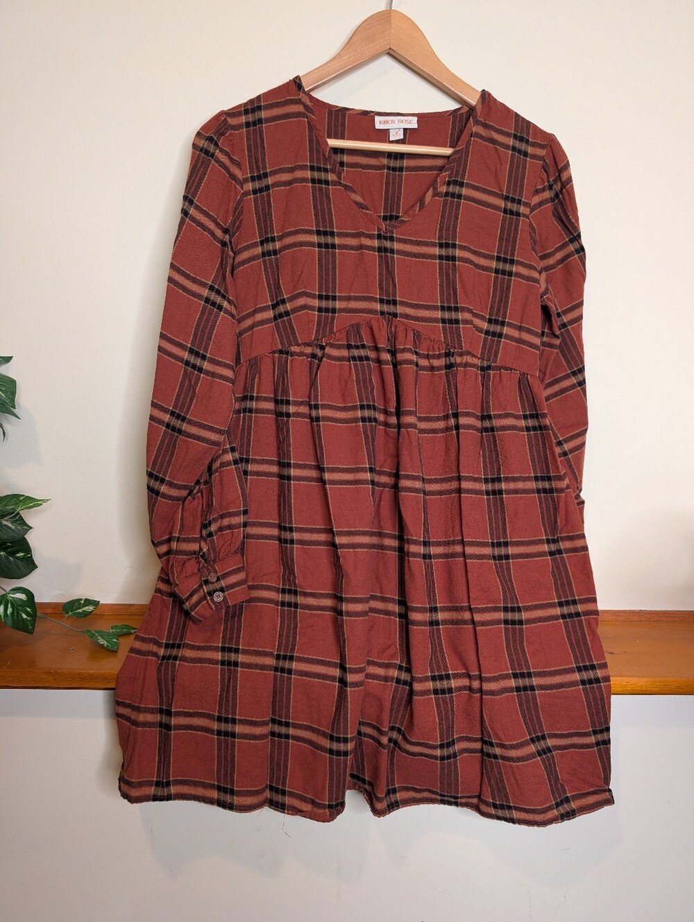 Knox Rose Rust Plaid Flannel Babydoll Dress M V-Neck Long Sleeve Button Cuff